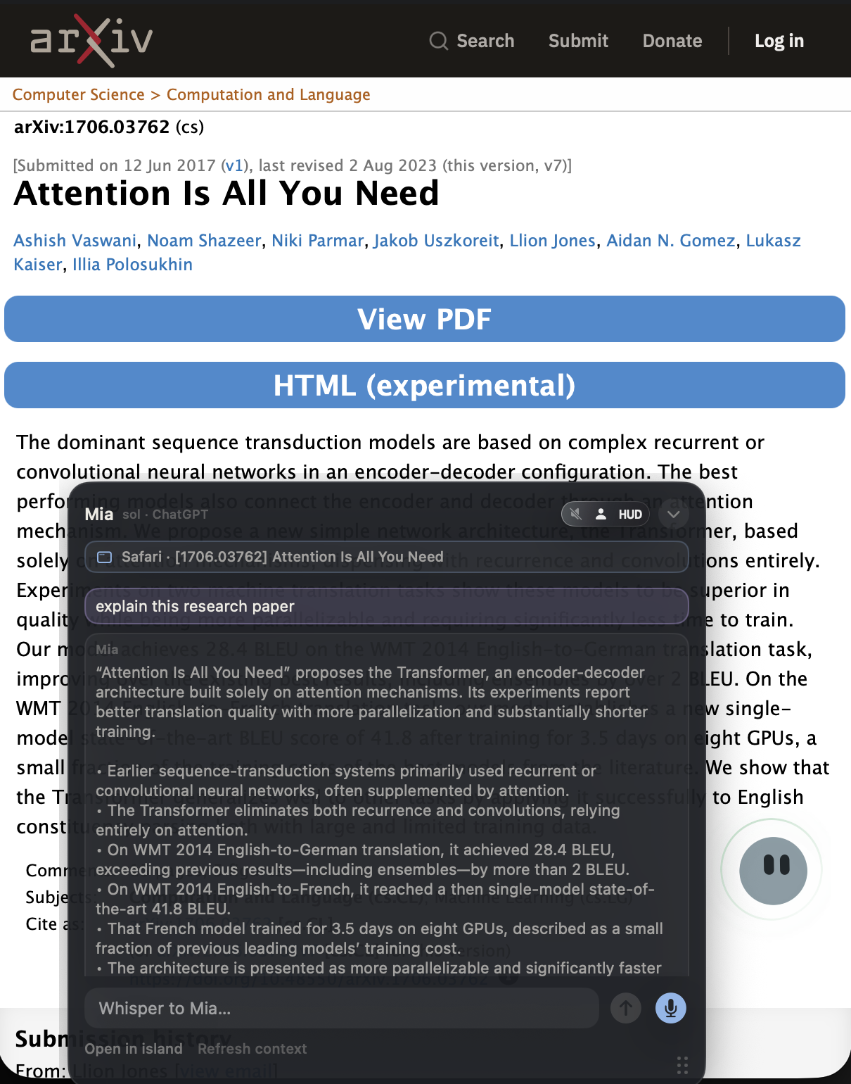 Actual Super Notch HUD and circular mascot over the arXiv page for Attention Is All You Need, answering a question about the paper